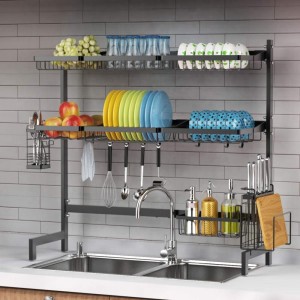 Over the Sink Dish Drying Rack, 2-Tier Large Premium 201 Stainless Steel Rack Rack with Utensil Holder Hooks Stable Bend Foot for Kitchen Kitchen Supplies Counter Storage Non-Slip
