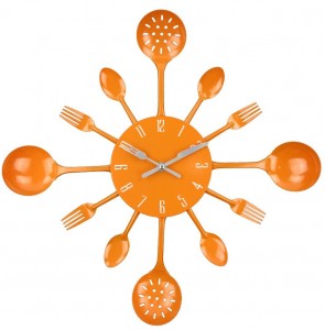 Wall Clock, 16″ Metal Kitchen Cutlery Utensil Spoon Fork Wall Clock Creative Modern Home Decor Antique Style Wall Watch (Orange)