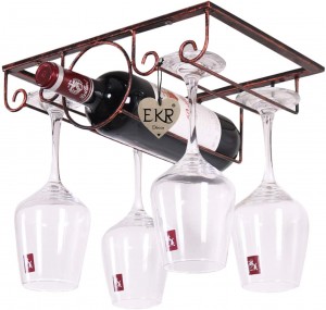 Home kitchen dining wine accessories under cabinet stemware glass/bottle rack holder hanger storage organizer (Bronze 1 Bottle)