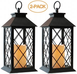 2-Pack 14″ Vintage Candle Lantern With LED Flickering Flameless Candle (Black, 6hr Timer) – Battery Powered Candle Lantern Outdoor – Decorative Hanging Lantern For Patio – T...