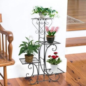 Supporto per fiori ad angolo in metallo: supporto per scaffali a 4 ripiani per piante da esterno per interni Scaffale per fiori per piante multiple nero