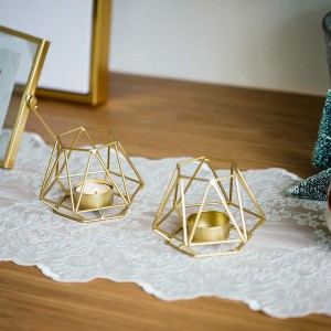 2 Pcs Metal Hexagon Shaped Geometric Design Tea Light Votive Candle Holders, Iron Hollow Tealight Candle Holders para sa Vintage Wedding Home Dekorasyon, Gold (S + S)
