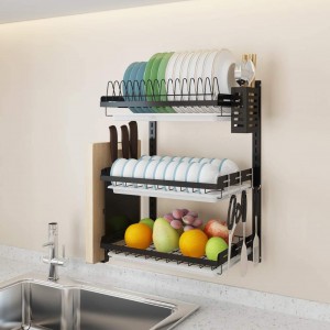 3 Tier Black Stainless Stainless Steel Dish Drying Rack Fruit Vegetable Storage Basket e nang le Drainboard le Lithupa Tse Hanghang Cage Knife Holder Wall Mounted Kitchen Supply Supplies Sehlophisi