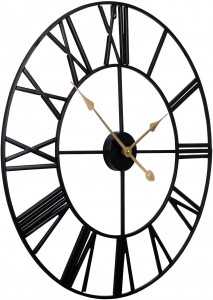 Veliki ukrasni zidni sat, 24 inča, okrugli preveliki centurijanski rimski brojevi u stilu modernog kućnog dekora, idealan za dnevnu sobu, analogni metalni sat (crni)