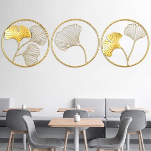 Iron Wall Sculptures – Set of 3 Metal Round Wall Décor with Gingko Biloba Art Great for Home Hotel Decoration (Gold)