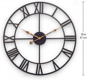 ساعة حائط مزخرفة ، ساعة أوروبية قديمة بأرقام رومانية كبيرة ، ساعة معدنية داخلية صامتة تعمل بالبطارية للمنزل وغرفة المعيشة والمطبخ والوعرة - 18 بوصة ، أسود كلاسيكي