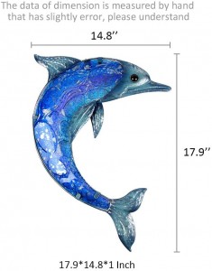 Metal Dolphin Wall Art Outdoor Hanging Sea Decor Blue Glass Fish Sculpture for Patio, Pool or Bathroom