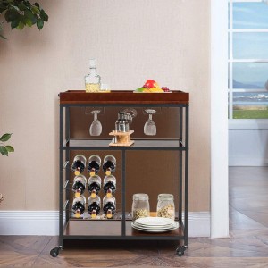 3-Tier Kitchen Moutere Cart Rolling Trolley Ahumahi Kaahua Tuku Te Kete Utility Cart Utility Cart Wood Kitchen Stand with Glass Holding and 9 Wine Bottles Rack Metal Frame and Castors (Rustic Brown)