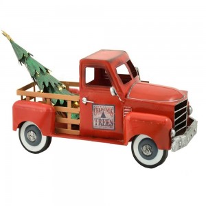 Metal Lit-Up Holiday Truck with a Removable Christmas Tree and Attached LED Lights (Red with Lights)