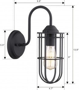 Industrial Indoor Wall Light Sconces, 2 Pack Gooseneck Wall Mounted Light Fixture, Bath Vanity Light Fixture Cage Shade Removable Lantern for Laundry hallways, Matte Black Finish