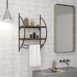 Bathroom Shelf with Towel Rods – 2 Tier Wood Wall Mounted Storage Shelves – Organizer Toilet Storage Holder Double Metal Towel Rack