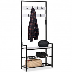 Entryway Hall Tree Storage Shelf, Coat Rack Shoe Bench, Wood Look Accent Furniture with Metal Frame, 3 in 1 Design