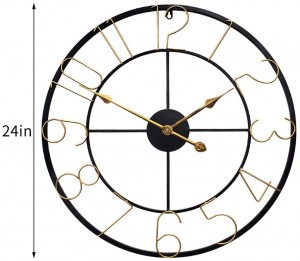 Голям стенен часовник, светлинен, луксозен домашен декор, безшумен черен метален ретро-златен часовник, 24 инча