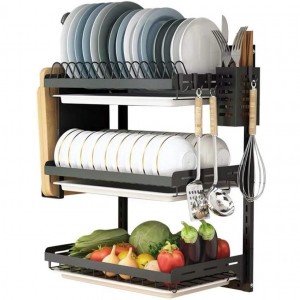 3 Tier Black Stainless Steel Dish Drying Rack Fruit Vegetable Storage Basket with Drainboard and Hanging Chopsticks Cage Knife Holder Wall Mounted Kitchen Supplies Shelf Utensils Organizer