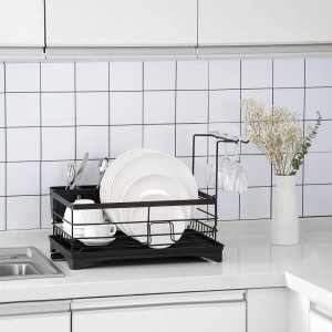 Решітка для сушіння посуду, кухонна стійка для посуду, сушарка для посуду з тримачем для посуду, дренажна дошка з регульованим поворотним носиком для стільниці (чорний)