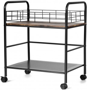 2-Tier Kitchen Island Cart, Storage Cart, Kitchen Trolley with Top Guardrail and Handle, Lockable Casters, Industrial Style Metal Storage Utility Cart (Rustic Brown & Black)
