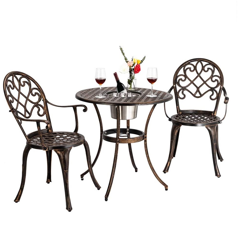 3 Piece Bistro Set with Ice Bucket, Antique Outdoor Patio Furniture Weather Resistant Garden Aluminum Table and Chairs for Backyard Pool Featured Image
