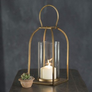 Attractive and Graceful Small Tribeca Gold Metal Lantern Candle Holder with Clear Glass, Rustic Indoor / Outdoor Light for Your Home Decor – Modern Rustic Vintage Farmhouse Style
