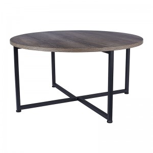 Tavolino rotondo in legno di frassino con struttura nera e piano grigio