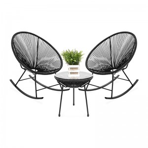 3-Piece All-Weather Patio Woven Rope Acapulco Bistro Furniture Set w/Rocking Chairs, Table – Black