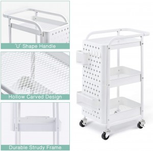 Karrocë rrokullisjeje me 3 nivele, karrocë metalike me dërrasë të lëvizshme, organizator karroce me dorezë shërbimi dhe grepa shtesë koshash për zyra në kuzhinë në shtëpi, e bardhë