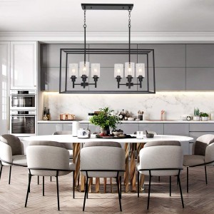 6 lahkih, sodobnih steklenih lestencev, črnih industrijskih kuhinjskih otoških luči, ki visijo za jedilnico, kuhinjski otoški bar