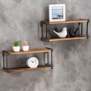 Urban Rustic Wooden Wall-Mounted 2-Tier Floating Shelves with Black Metal Brackets, Set of 2