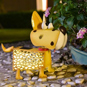 Buitelug sonkrag Dierligte Geel Hondebeeldjie met LED-ligte Tuinbeeld Metaalwerf Kunsversiering vir Patio Agterplaas Kunsdekor Grasperk Ornamente (Hond)