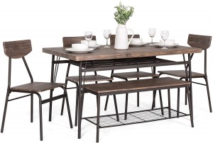Set da pranzo moderno da 6 pezzi da 55 pollici con ripiani, tavolo rettangolare, panca, 4 sedie - Marrone