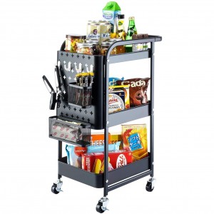 Kovový skladací vozík, 3-úrovňový organizérový vozík s odnímateľnými háčikmi a rúčkou do kuchynskej kancelárie, čierny