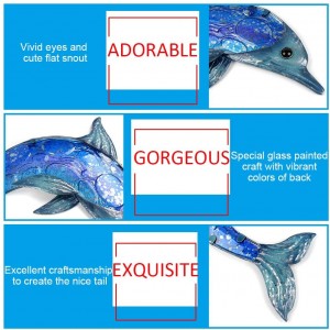 Metallinen delfiiniseinätaide ulkona riippuva merisisustus sininen lasikalaveistos patiolle, uima-altaalle tai kylpyhuoneeseen