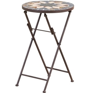  Home Silvester Outdoor Stone Side Table with Iron Frame, Beige / Black