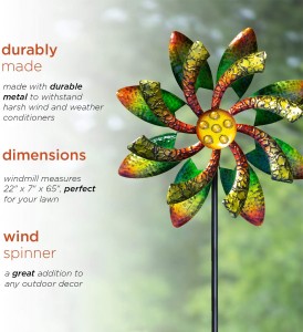 SLL1876 Gems-Kinetic Spinner-Outdoor Yard Art Decor-Green and Orange Alpine Dual Floral Windmill Stake, 65 Inch Tall