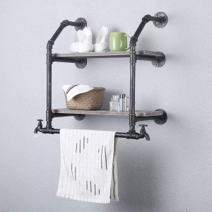 Industrial Bathroom Shelves Wall Mounted 2 Tiered,24in Iron Pipe Shelving with Towel Bar,Rustic Pipe Shelf with Towel Rack Bathroom Shelf Over Toilet,Farmhouse Wood Shelves Metal Floating Shelves