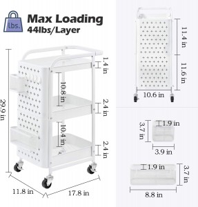 3-Tier Storage Rolling Cart, Metal Utility Cart with Removable Pegboard, Trolley Organizer with Utility Handle and Extra Baskets Hooks for Kitchen Office Home, White