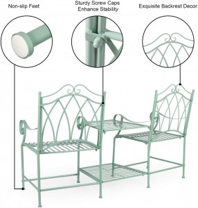 61″ Patio Garden Chair, Tete-a-Tete Porch Bench with Umbrella Hole Table, Iron Frame Bistro Set for 2 Person, Hold up to 220lb of Each Chair, Best Used Inside or Under Covered Area, Mint Green