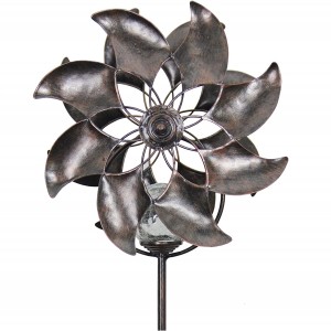 Bronze Flowers Double Windmill w/Solar-Powered Crackle Ball Yard Stake – Solar Flowers Pinwheel Metal Stake, Metal Flowers Wind Spinner, Kinetic Art Garden Spinner, 8″ L x 7″ W x ...