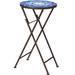  Outdoor Glass Side Table with Iron Frame, Blue / White