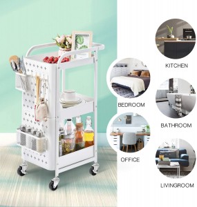 3-Tier Storage Rolling Cart, Metal Utility Cart with Removable Pegboard, Trolley Organizer with Utility Handle and Extra Baskets Hooks for Kitchen Office Home, White