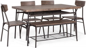 6-Piece 55in Modern Home Dining Set w/Storage Racks, Rectangular Table, Bench, 4 Chairs – Brown