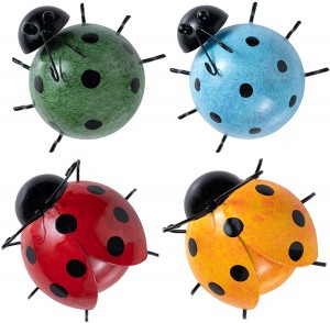 EKR Metal Ladybugs Wall Decor, 4 Pack Wall Art Garden Sculptures & Statues Outdoor Decorations for Patio, Handmade Gift, Spring Garden Decor for Outside