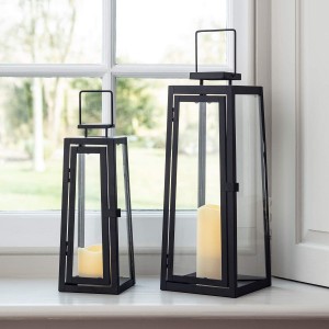 Set of Two Black Metal Battery Operated LED Flameless Candle Lanterns for Indoor Outdoor Use