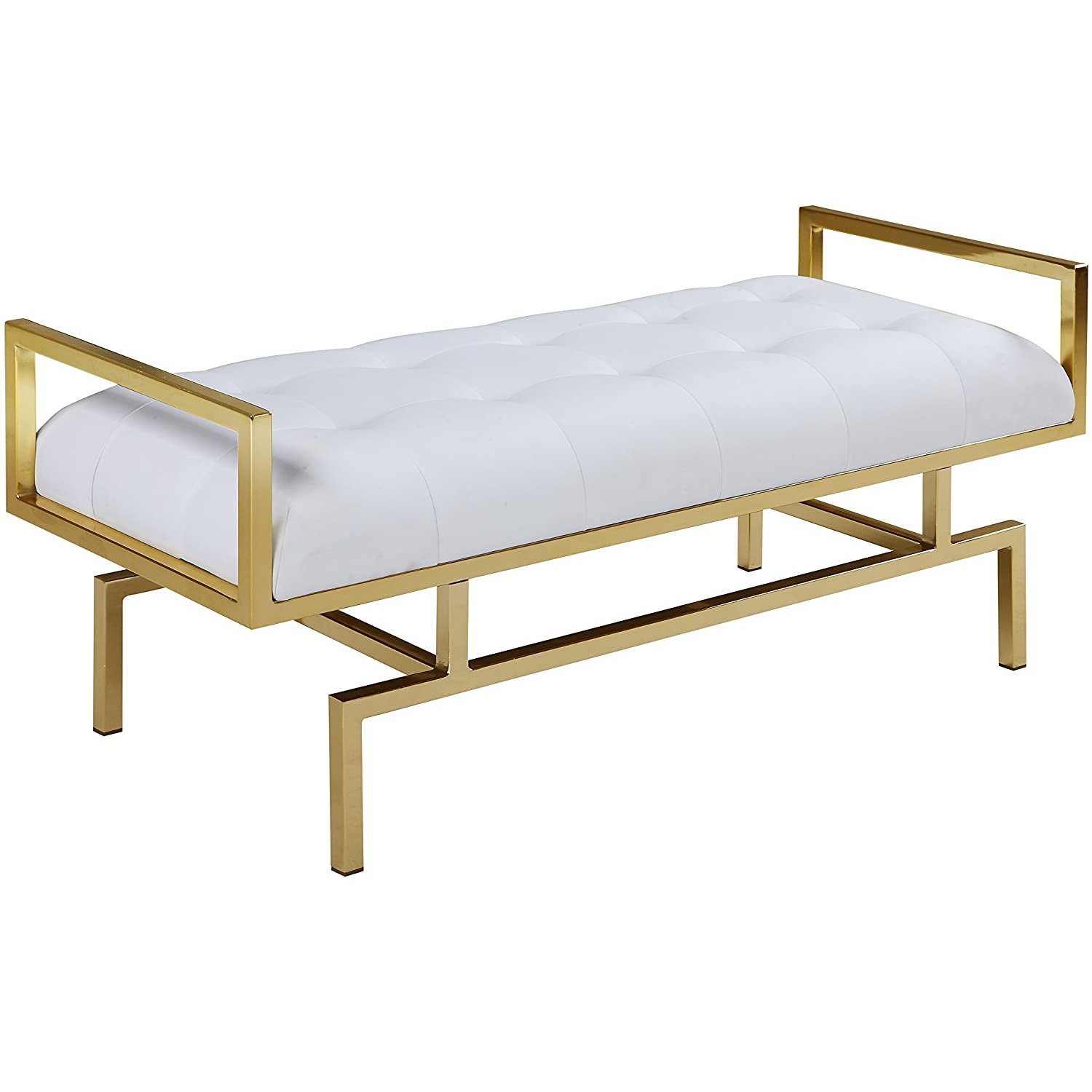 Iconic Home Bruno PU Leather Modern Contemporary Tufted Seating Goldtone Metal Leg Bench, White Featured Image