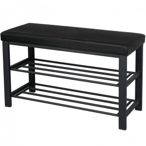 Shoe Rack with Cushioned Seat, 2 Shelves Storage Bench w/Faux Leather Top Bed Bench, Black