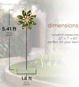 SLL1876 Gems-Kinetic Spinner-ลานกลางแจ้ง Art Decor-เสากังหันลมคู่ดอกไม้อัลไพน์สีเขียวและสีส้มสูง 65 นิ้ว