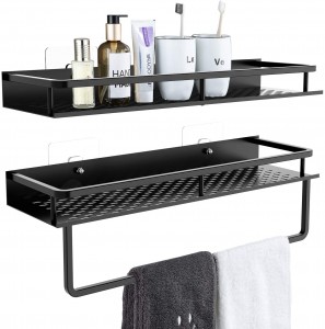 Shower Caddy 2-Pack, 15 inches Aluminium Wide Space Shower Shelf with Adhesive, Wall Mounted Storage Organizer with Towel Bar, Racks Strong and Kokoh for Bathroom Kitchen, Black