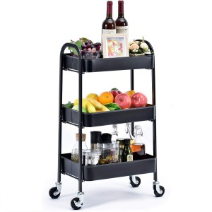 3 Tier Rolling Cart,No Screw Metal Utility Cart,Easy Assemble Utility Serving Cart,Sturdy Storage Trolley with Handles, Locking Wheels, for Kitchen Garage Home Bedroom Bathroom, Black