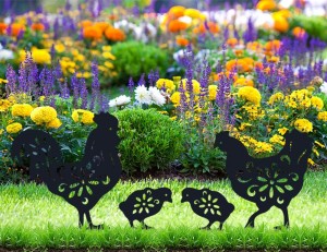 Rooster Garden Metal Stakes – Black Rooster Silhouette Stake for Yards, Gardens – Set of 4 Metal Animal Stakes, Easter Gifts for Kids