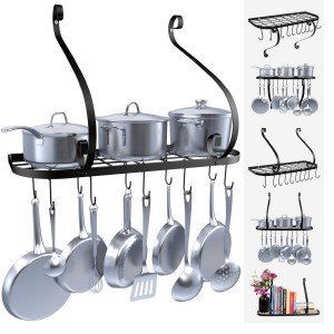 Wall Mount Pot Pan Rack, Kitchen Cookware Storage Organizer, 24 by 10 in with 10 Hooks, Black