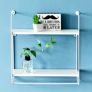 Wesley 2-Tier Floating Shelf | Metal Frame Display Wall Shelf | Hanging Shelf w/Towel Bar for Kitchen, Bedroom and Bathroom | 16.9″ W x 5.5″ D x 17.5″ H | White
